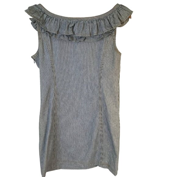 Tibi New York Woman’s Striped Ruffle Boat Neck Shift Dress Cotton Pockets Sz 6 - Picture 2 of 7